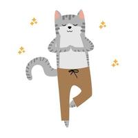 söt grå katt i tecknad serie stil. katt håller på med yoga. yoga katt. kreativ barns illustration med härlig katt. vektor illustration med vit isolerat bakgrund.