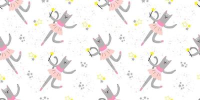 nahtlos Kinder- Zeichnung mit ein süß Fee Katze und Sterne. Ballerina Katze. Muster zum Mädchen. kreativ Kinder- Textur zum Stoff, Verpackung, Textilien, Hintergrund, Kleidung. Vektor Illustration.