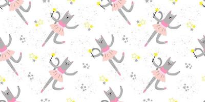 sömlös barns teckning med en söt fe- katt och stjärnor. ballerina katt. mönster för flickor. kreativ barns textur för tyg, förpackning, textilier, tapet, kläder. vektor illustration.