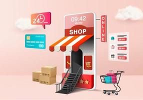 3D-shopping onlinebutik till salu, mobil e-handel 3d rosa pastellbakgrund, handla online i mobilapp 24 timmar. kundvagn, kreditkort. minimal shopping online butik enhet 3d vektor rendering