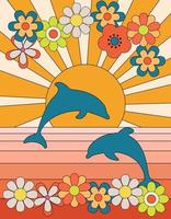 häftig affisch 70s stil med Sol och delfiner. retro skriva ut med blommor daisy. vektor illustration solsken och hav