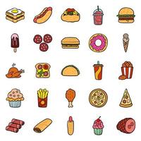 en stor uppsättning av vektor ikoner snabb mat i en platt stil som skildrar varm hund, korv, pizza, hamburgare, kyckling grill, smörgås, franska pommes frites, drycker, korv, charm.