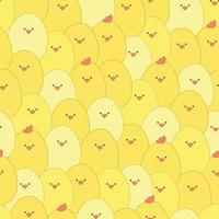 söt sömlös mönster handla om bruka leva med folkmassan av kycklingar. ljus tecknad serie vektor sommar bakgrund. tapet, fyller, unge design. liten fett gul påsk kyckling