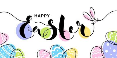 Lycklig påsk färgrik bakgrund med hand dragen text, ägg, söt kanin. ett linje affisch, hälsning kort. vektor illustration.