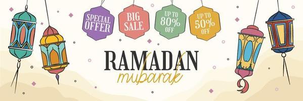 bunt Ramadhan Verkauf Banner mit Fanoos Laterne Dekoration vektor