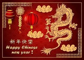 Rot und Gold Farben Chinesisches Neujahr geschnitzte asiatische Drachen Design