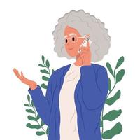 porträtt av en modern mormor. ett äldre kvinna är talande på de telefon. kommunikation med barn, barnbarn, vänner. vektor
