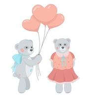 en teddy Björn i en röd klänning innehar ballonger. teddy Björn i en vit skjorta och svart byxor innehar blommor och en alla hjärtans dag. hjärtans dag. de 14:e av februari. kärlek vektor