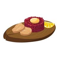 Rindfleisch Tatar, ein schön Portion auf ein Tafel mit Brot und Zitrone. Vektor Illustration auf ein Weiß Hintergrund.