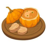 Kürbis Suppe mit Hirse, ein schön Portion im ein Kürbis auf ein Tafel mit Scheiben von Brot. Vektor Illustration auf ein Weiß Hintergrund