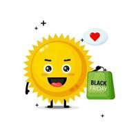 söt sol maskot bär en svart fredag shoppingväska vektor