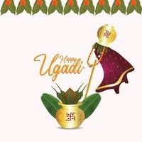 lyckligt ugadi gratulationskort med dyrkan traditionell kalash och bakgrund vektor