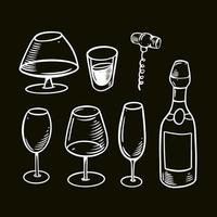 Hand gezeichnet Wein Brille und Flasche Gliederung Vektor Kunst isoliert auf schwarz Tafel.