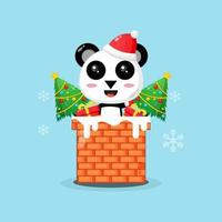 süßer Panda auf dem Schornstein mit einem Weihnachtsgeschenk vektor