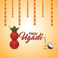 glückliche ugadi indische Festivalgrußkarte und Hintergrund mit Kalash vektor