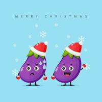 söt aubergine maskot klädd i juldräkt med glada och sorgliga uttryck vektor