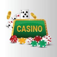 Casino Online-Spiel mit kreativen Würfeln und Pokerchips auf weißem Hintergrund vektor