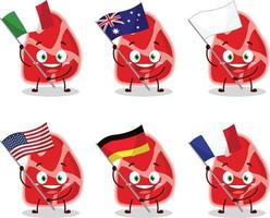 Fleisch Karikatur Charakter bringen das Flaggen von verschiedene Länder vektor