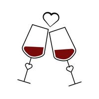 valentines dag, två vin glasögon med hjärtan, platt design, vektor illustration