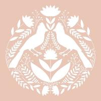 symmetrisch Ornament mit Vögel, Blumen und Blätter mit anders Volk Kompositionen. Motiv im skandinavisch Stil. ethnisch eben Illustration im Weiß. vektor