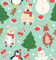 sömlös ny år mönster med rådjur, Björn, snögubbe, pingvin, hare, pepparkaka man, jul träd. vektor illustration