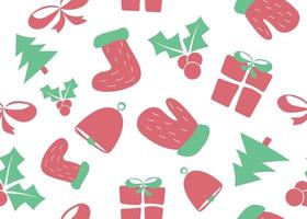 vektor illustration av ny år och jul sömlös mönster med vante, strumpa, klocka, gåva, järnek, jul träd på vit bakgrund