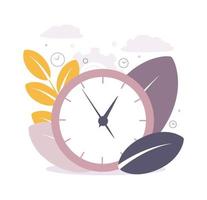 Zeit Verwaltung Illustration. das Bild von ein Uhr, Geäst und Blätter. vektor