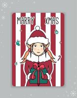 jul kort med ett älva. de älva är innehav en gåva. randig hälsning kort. vektor illustration.