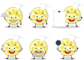 Karikatur Charakter von Zitrone Scheibe mit verschiedene Koch Emoticons vektor