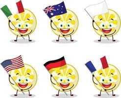 citron- skiva tecknad serie karaktär föra de flaggor av olika länder vektor