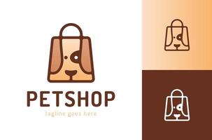 Einkaufstasche mit Hund Petshop Logo Vektor Symbol Pet Shop Logo moderne Tier Icon Etiketten für Geschäfte und Taschen, Tierkliniken, Krankenhäuser flache Illustration Hintergrund mit Hundekopf