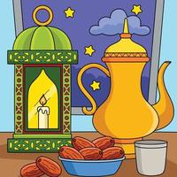 ramadan lykta, te och datum färgad tecknad serie vektor