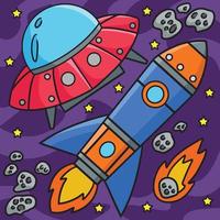 UFO und Rakete Schiff im Raum farbig Karikatur vektor