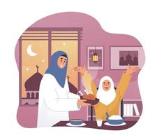 glücklich Mädchen und ihr Mutter genießen Ramadan iftar Mahlzeit vektor
