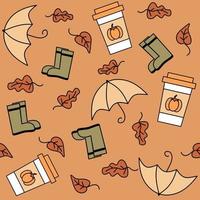 süß schön Herbst fallen saisonal nahtlos Vektor Muster Hintergrund Illustration mit Regenschirme, Blätter, Regen Stiefel und Kürbis würzen Latté