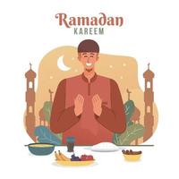 Muslim Mann beten Vor haben Iftar. Ramadan kareem eben Karikatur Charakter Illustration vektor