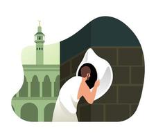 hajj pilgrim kissing de svart sten hajar al-aswad av kaaba. ritual av hajj pilgrimsfärd vektor