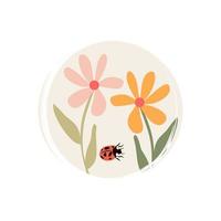 süß Logo oder Symbol Vektor mit bunt Gänseblümchen Blumen und Marienkäfer Insekt, Illustration auf Kreis zum Sozial Medien Geschichte und Highlights