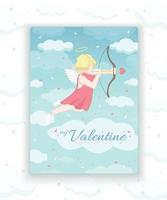 hjärtans dag kort. cupid skjuter en rosett och pil. ett ängel i en röd klänning och vit strumpor innehar en rosett och pil. vektor illustration. de 14:e av februari. kärlek.