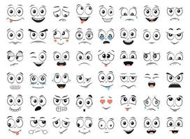 Karikatur Gesichter Satz. wütend, Lachen, lächelnd, Weinen, erschrocken und andere Ausdrücke. Illustration. vektor