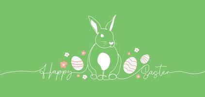 Lycklig påsk handskriven text linje design. påsk kanin, ägg och blommor ett linje hälsning kort. översikt illustration på blå bakgrund vektor