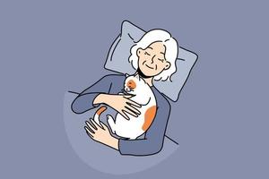 leende äldre kvinna liggande i säng med katt sovande på bröst. Lycklig mogna mormor sömn på Hem kel kramas sällskapsdjur. vektor illustration.