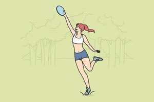 lächelnd sportlich Mädchen abspielen mit Frisbeescheibe im Park. glücklich aktiv Frau genießen Spiel spielen im Sommer- im Wald. Sport und Entspannung. Vektor Illustration.