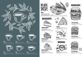 meny restaurang broschyr. grön te kopp. flygblad med ritad för hand grafisk. vektor