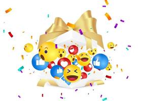 överraskning emoji och konfetti. uttryckssymbol ut av ett överraskning gåva låda. vektor