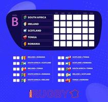 rugby kopp 2023, slå samman b match schema. flaggor av söder afrika, Irland, Skottland, tonga, Rumänien. vektor