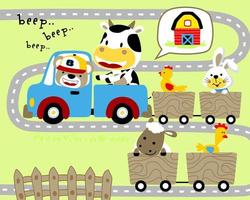 Vektor Karikatur von süß Bär Fahren Auto ziehen Bauernhof Tiere auf Wagen