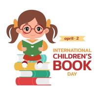 International Kinder- Buch Tag. April 2. Urlaub Konzept. süß Mädchen mit ein Buch auf ihr Hände sitzt auf ein Stapel von Bücher. Vektor eben Illustration