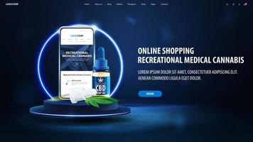online Einkaufen von Freizeit medizinisch Cannabis, Blau Banner mit Podium mit Neon- Blau Ring, Smartphone und cbd Öl Flasche vektor
