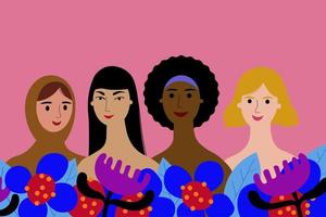 multiethnisch Gruppe von Frauen. Illustration mit viele weiblich Gesichter von anders Nationalitäten und Farben. Damen Solidarität, ethnisch Toleranz, Damen Gesellschaft. eben Vektor Illustration